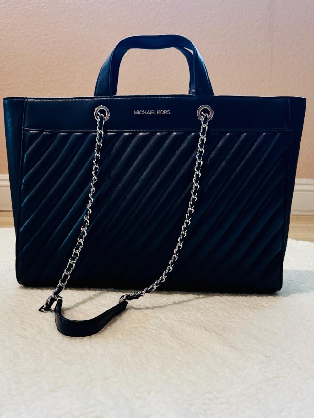 Michael Kors Black Quilted Leather Tote | Chain Shoulder Straps | Large Work Bag